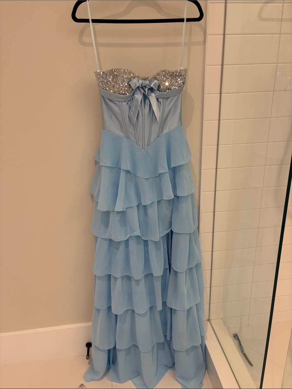 Light Blue Sequin Bodice Chiffon Dress with Bow